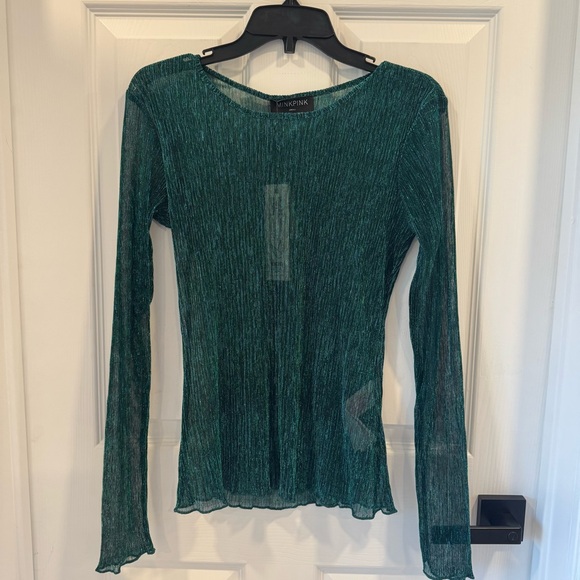 MINKPINK NWT Green Sheer Long Sleeve Shirt Blouse Metallic Shimmer Astrid Top - Picture 2 of 5